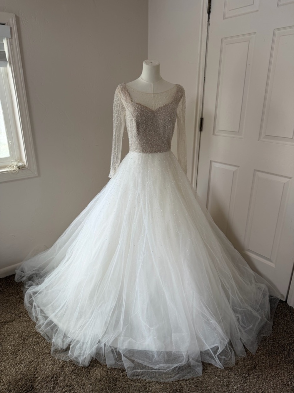 Sparkling Nude and Ivory Ball Gown Cap Sleeve Wedding Dress with Beaded Bodice